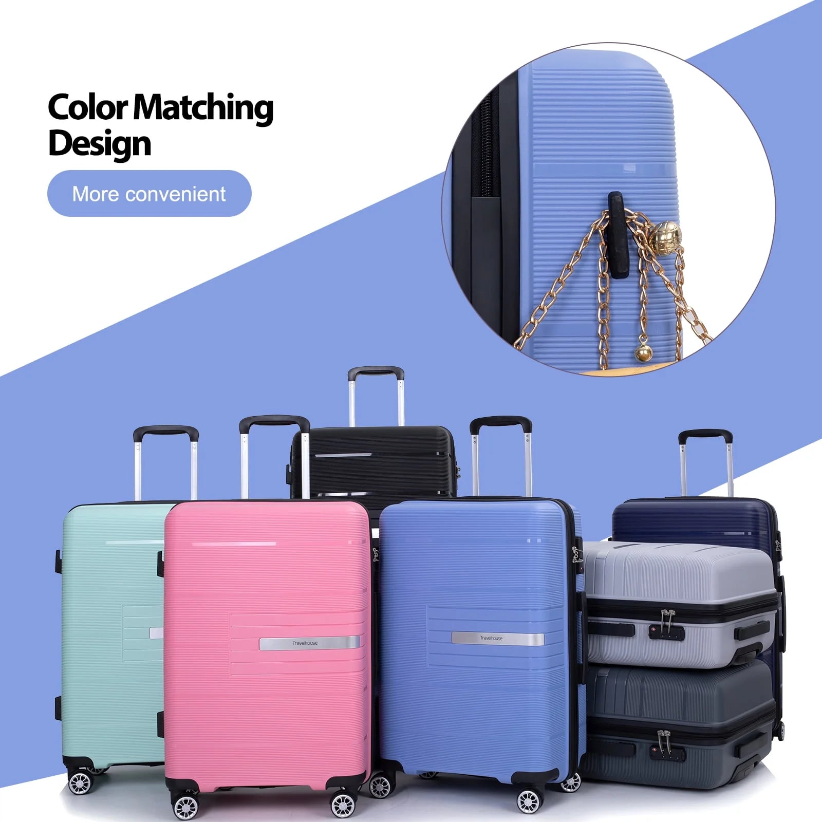 Tripcomp 3 Piece Luggage Sets, Hard Shell Carry on Luggage, PP Case with Two Hooks, Spinner Wheels, TSA Lock, Airline Approved, Lightweight Durable Suitcase, (20"24"28")(Purplish Blue)
