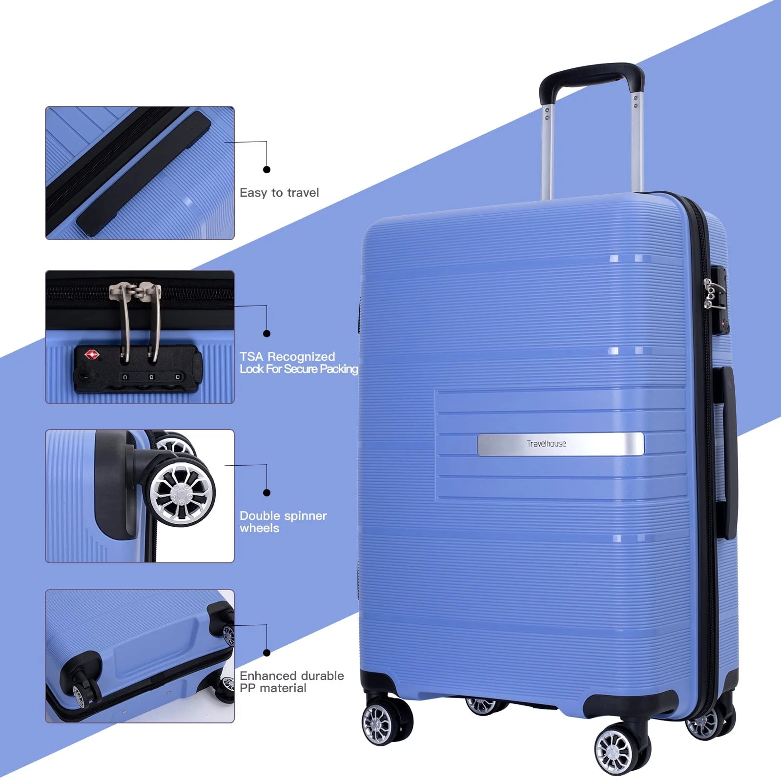 Tripcomp 3 Piece Luggage Sets, Hard Shell Carry on Luggage, PP Case with Two Hooks, Spinner Wheels, TSA Lock, Airline Approved, Lightweight Durable Suitcase, (20"24"28")(Purplish Blue)