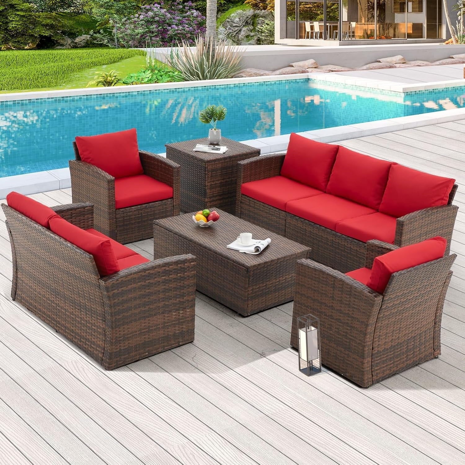 AECOJOY 7 PCS Outdoor Patio Furniture Sets with 2 Storage Boxes, Red