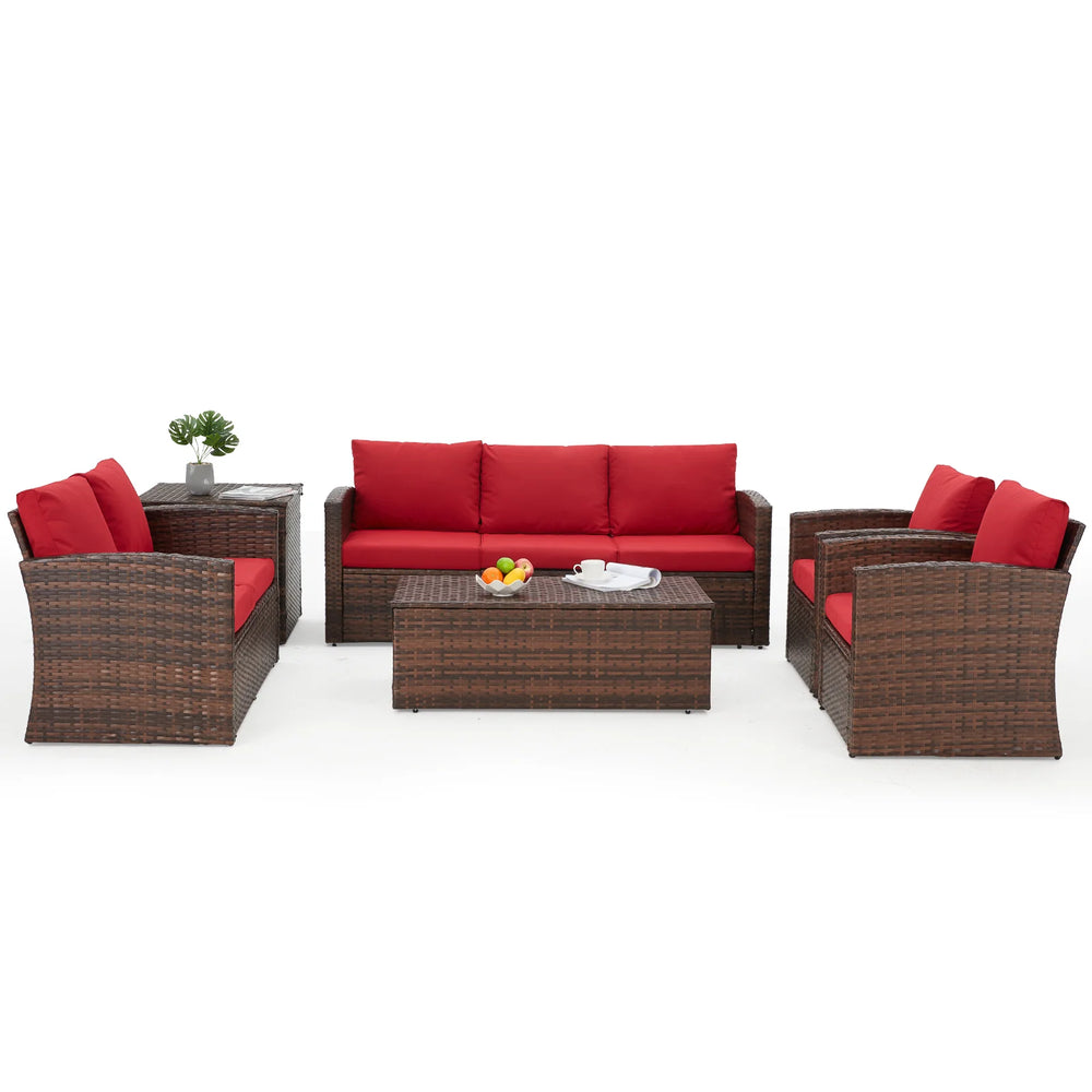 AECOJOY 7 PCS Outdoor Patio Furniture Sets with 2 Storage Boxes, Red