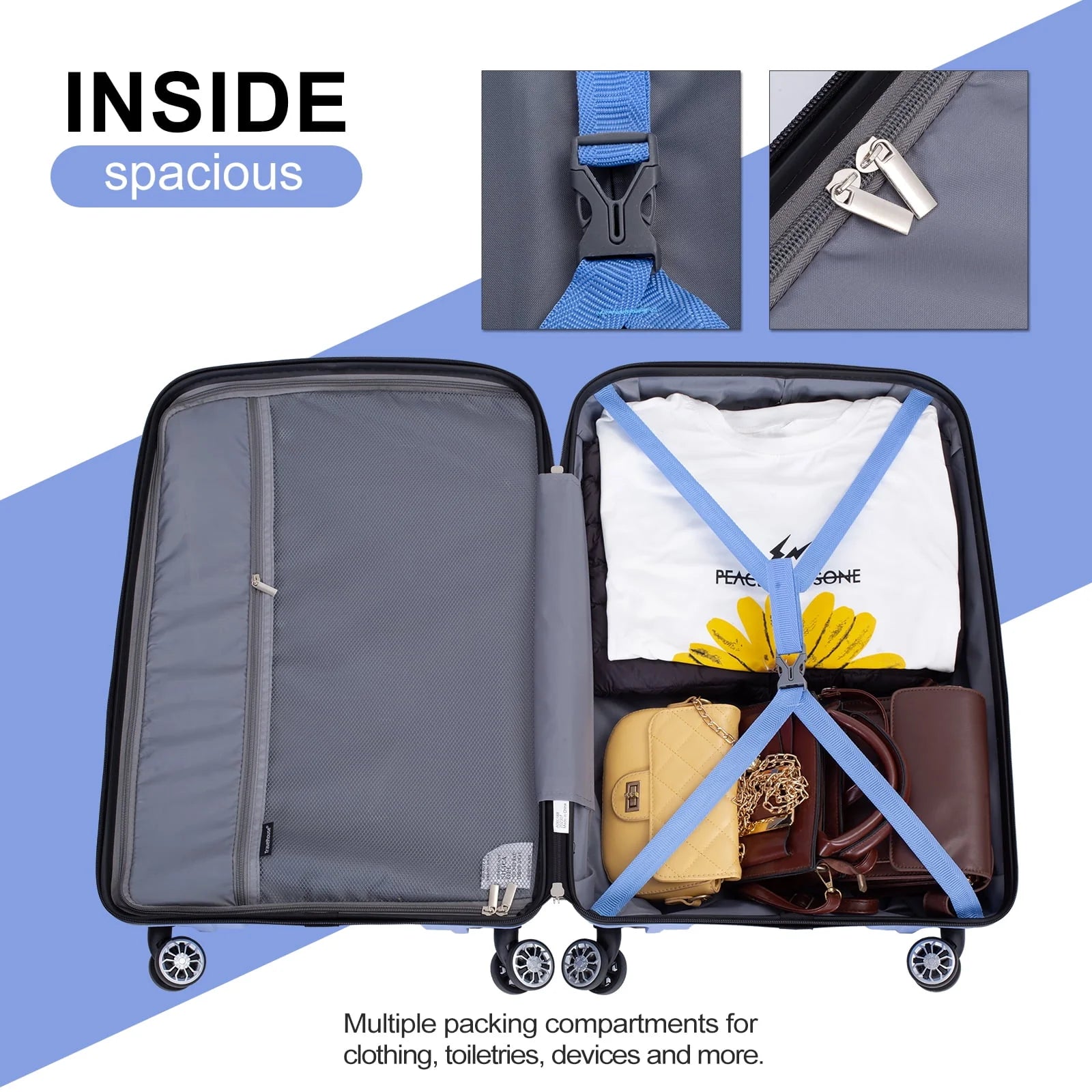Tripcomp 3 Piece Luggage Sets, Hard Shell Carry on Luggage, PP Case with Two Hooks, Spinner Wheels, TSA Lock, Airline Approved, Lightweight Durable Suitcase, （20"24"28"）(Purplish Blue)