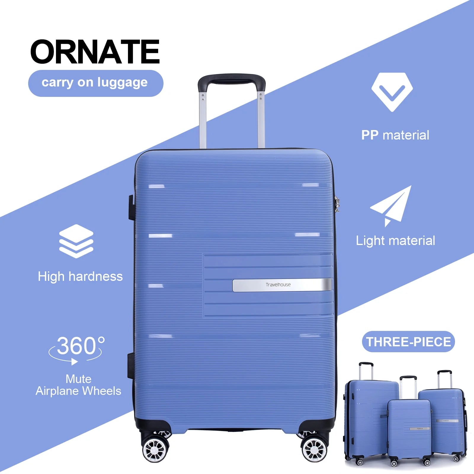 Tripcomp 3 Piece Luggage Sets, Hard Shell Carry on Luggage, PP Case with Two Hooks, Spinner Wheels, TSA Lock, Airline Approved, Lightweight Durable Suitcase, （20"24"28"）(Purplish Blue)