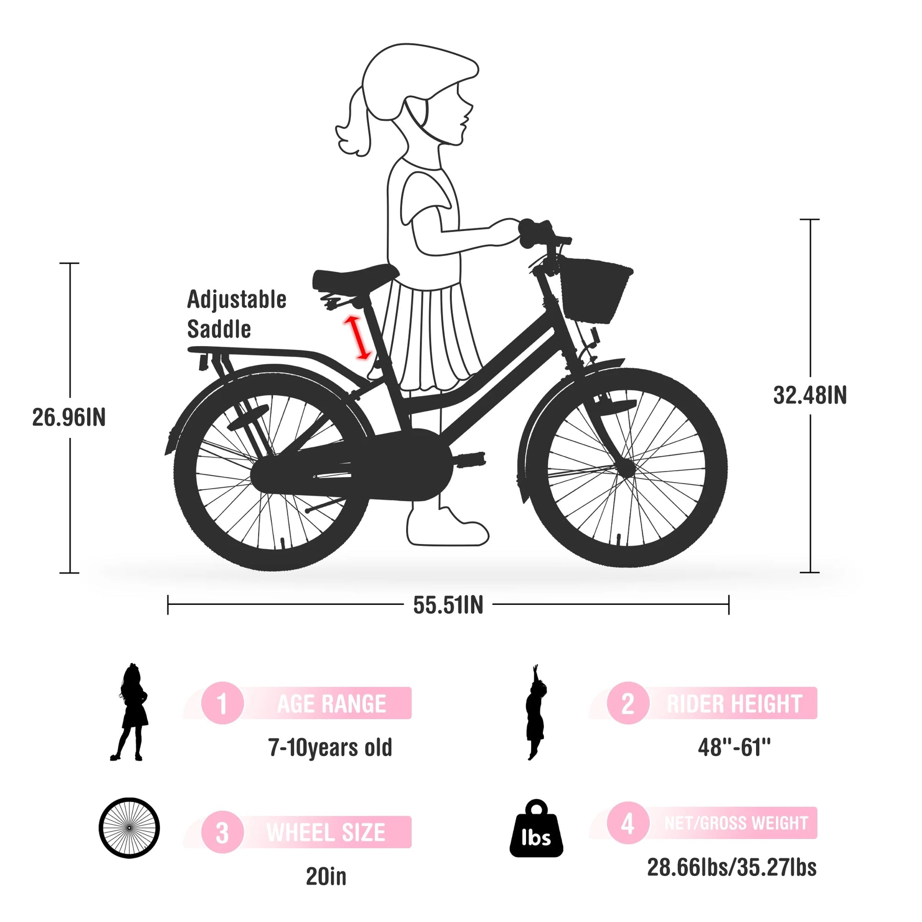 20" Kids Bike Girls Bike with Basket Single Speed Steel Frame Children Bicycle for 7 - 10 Years, Pink