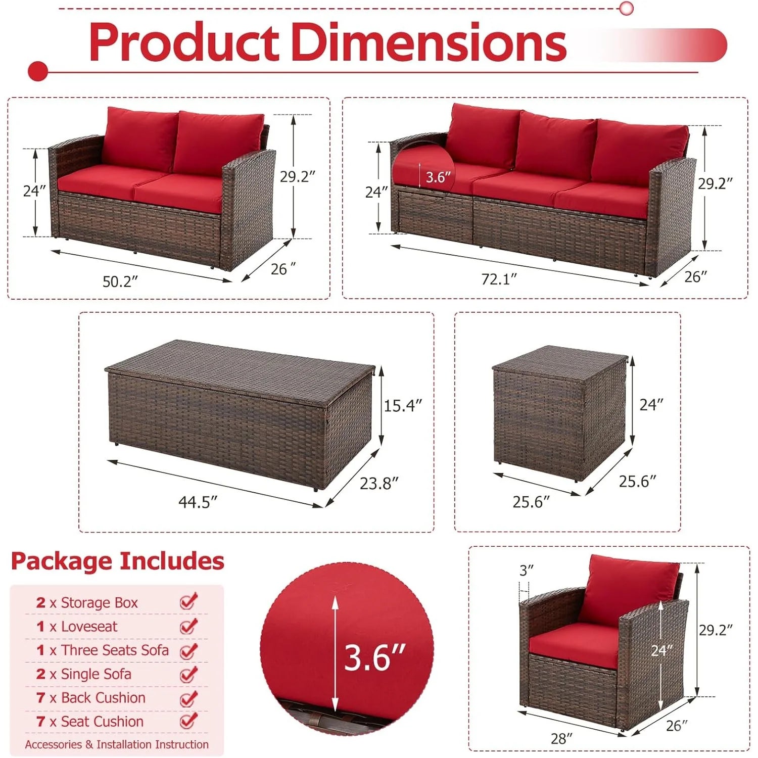 AECOJOY 7 PCS Outdoor Patio Furniture Sets with 2 Storage Boxes, Red